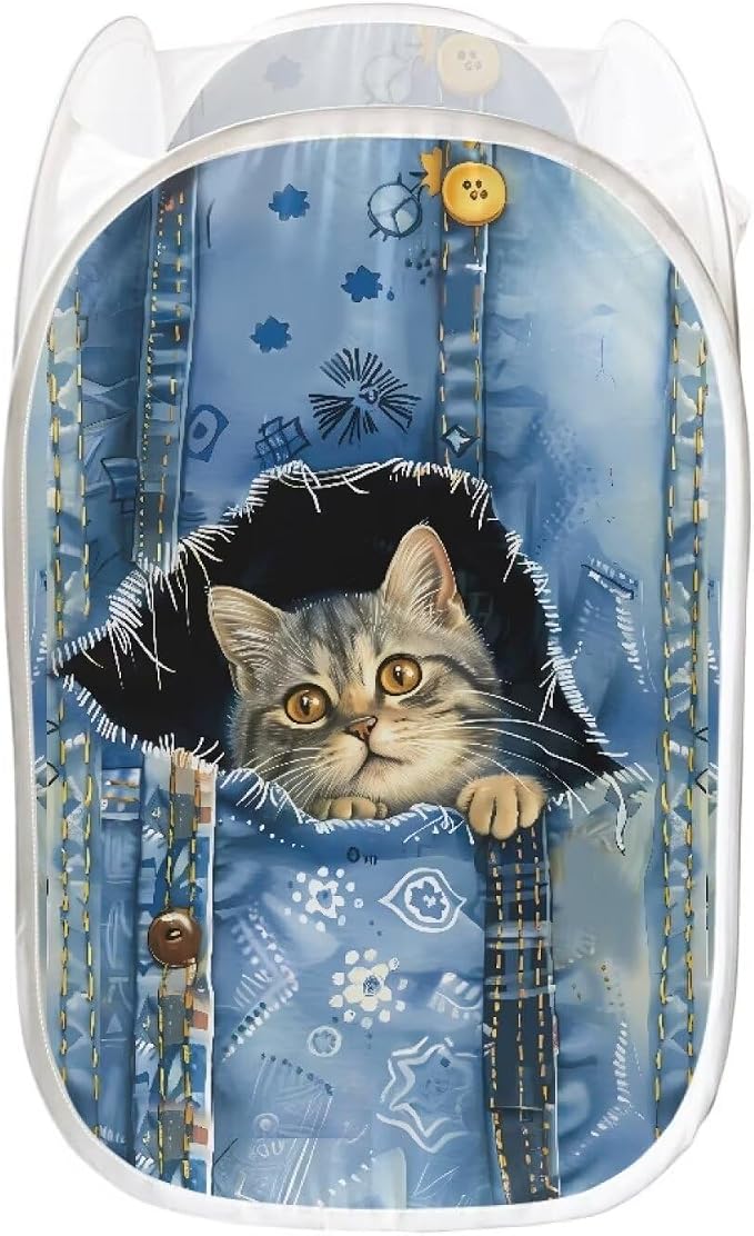 AFPANQZ Cute Denim Cat Mesh Popup Laundry Hampers Foldable Portable Dirty Clothes Basket Organizer Collapsible Hamper for Bedroom, Kids Room,College Dorm and Travel 61L
