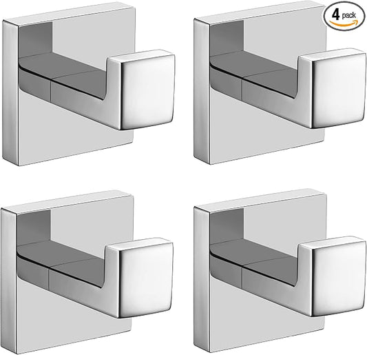 Nolimas Towel Hook Stainless Steel Bathroom Rustproof Clothes Towel Coat Hook Wall Mounted Square Toilet Kitchen, Heavy Duty Door Hanger, 4 Pack, Chrome Polished