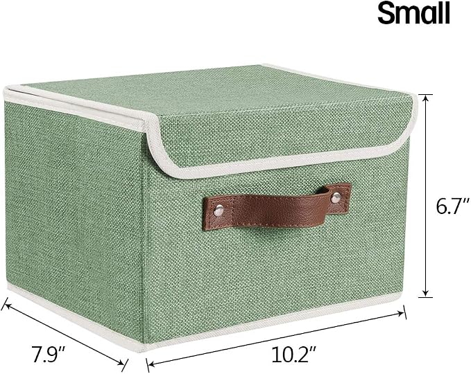 2Pack Storage Bins Boxes with Lids 10" x 8" x 7" Decorative Storage Baskets | Cotton Linen Fabric, Collapsible, Faux Leather Handles, Storage Cubes, Closet Shelf Clothes Organizer Container, Green