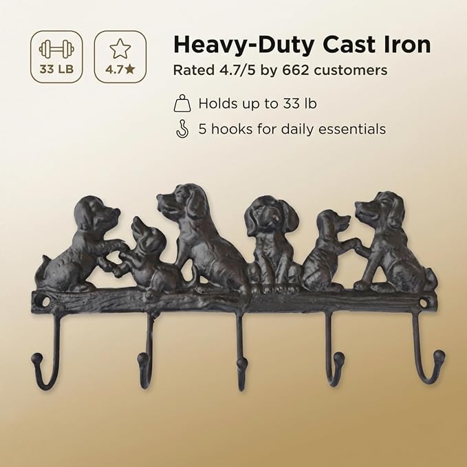 Lulu Decor Cast Iron 5 Dog Key Hooks, Ideal for Dog Lovers Heavy Duty Hooks, Decorative Hooks - Wall Mount Leash Holder for Wall Storage - Stylish Key Holder (Antique Black)