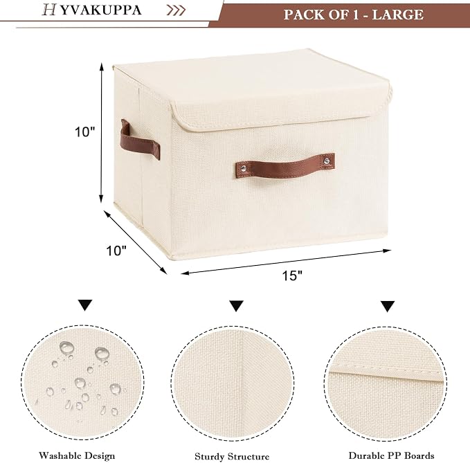 Collapsible Storage Boxes Baskets with Lid Cotton Linen Fabric Storage Bins with Faux Leather Handles Decorative Washable Cube Organizer Container for Home Closet Bedroom (Beige, Large Size)