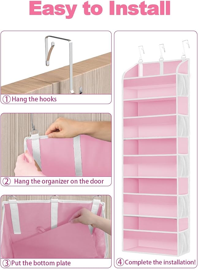 TAHAVICE 2 Pack Over the Door Storage Organizer with 5 Large Pockets | 44 lbs Weight Capacity & 10 Mesh Pockets Door Hanging Organizers and Storage for Bedroom,Bathroom,Nursery,Babyroom(Pink)