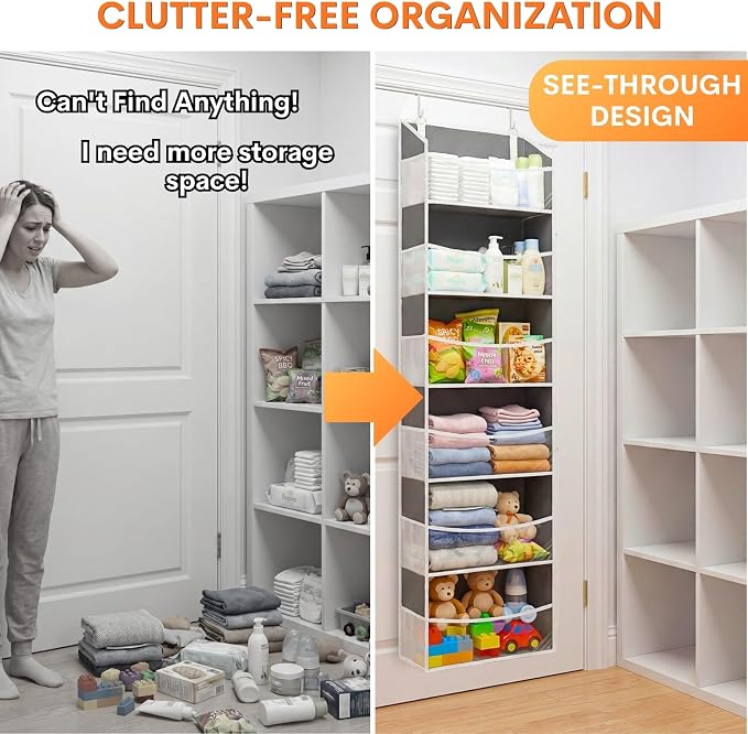 Ofiray-home 2 Pack Over Door Organizer with 6 Large Pockets | 6 Transparent Pockets & 12 Mesh Side, 80 lbs Weight Capacity Hanging Storage for Toys, Shoes, Diapers, Pantry