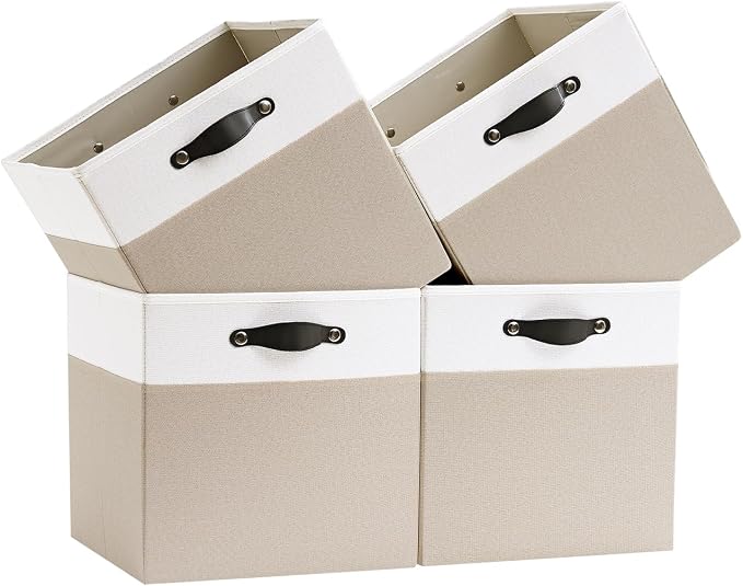 Cube Storage Bins | 13"x15"x13", Beige & White, 4 Pack | Multi-Size | 2X Thick Support Board | Vegan Leather Handles | 7.7 oz/yd² Fabric | Drawer Insert Basket Fits KALLAX