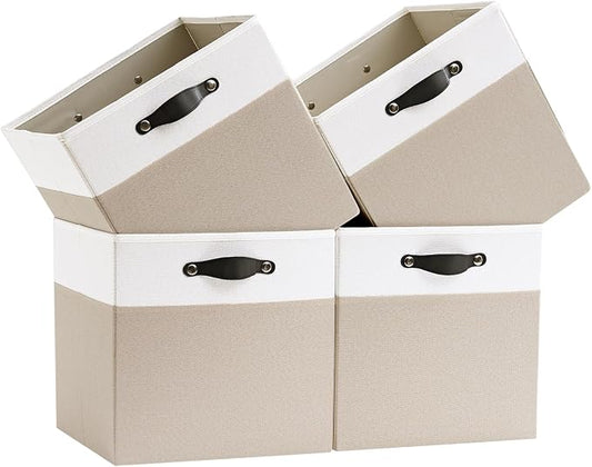 Cube Storage Bins | 13"x15"x13", Beige & White, 4 Pack | Multi-Size | 2X Thick Support Board | Vegan Leather Handles | 7.7 oz/yd² Fabric | Drawer Insert Basket Fits KALLAX