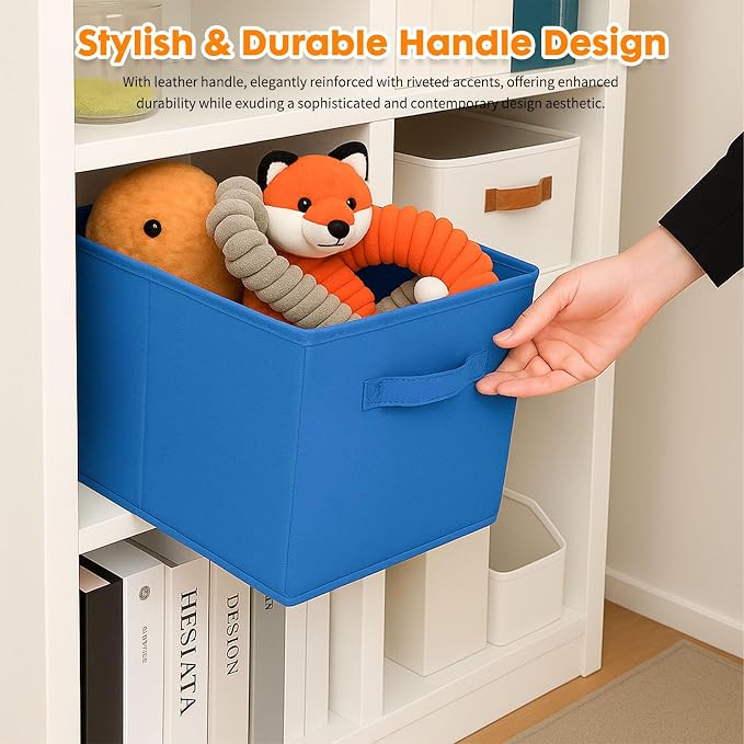 PowerKing Collapsible Storage Cubes with Handles, Fabric Foldable Bins for Closet Shelves, Durable Organization Storage Bins, 10.5'' x 11'' x 10.5'' (6Pack, Royal Blue)