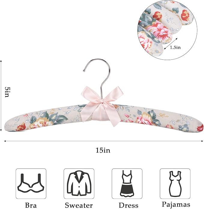 NEOVIVA Padded Hangers for Women Clothing, Floral Padded Clothes Hangers for Women, No Shoulder Bump Hangers for Adult, Padded Clothes Hangers for Women Sweaters, Dresses, Suits (10 Pack)