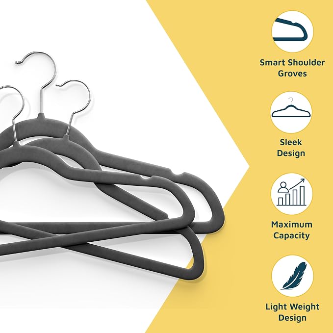 Lifemaster Velvet Clothes Hangers – with 360 Degree Swivel Hook and Non-Slip Shoulder Notch, Holds Up to 10 lbs, Heavy Duty Hanger Set, for Organizing Suit, Dress, Coat, and Clothes, Pack of 10, Gray