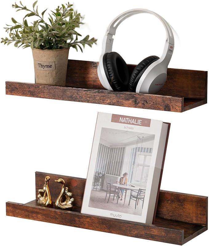 Muzilife 16" Floating Wall Ledge Shelves with Lip - Set of 2 Wood Floating Shelves - Honey Wall Mounted Picture Ledge for Office, Bathroom, Bedroom, Living Room, Kitchen