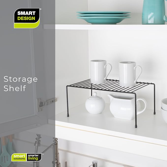 Smart Design Cabinet Storage Shelf Rack - Set of 6 - Medium - 8.5 x 13.25 Inch - Non-Slip Feet - Steel Metal Frame - Rust Resistant Coating - Cup, Dish, Counter & Pantry Organization - Kitchen - Black