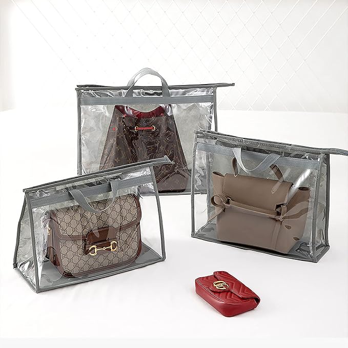 4 Pack Handbag Dust Bags Clear Purse Storage Organizer for Closet, Zipper Hanging Storage Bag for Handbags, Grey