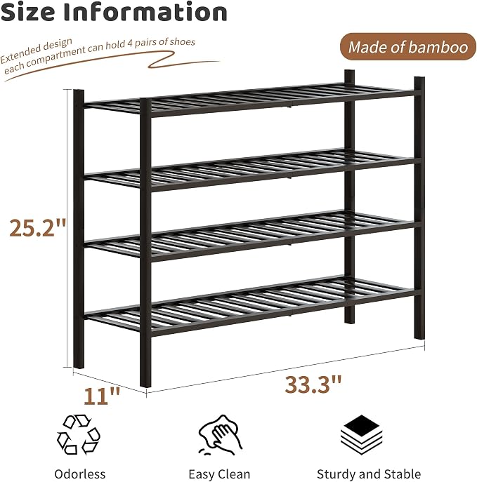 Bamboo Shoe Rack Stackable Shoe Shelf Storage Organizer for Unit Entryway Hallway and Closet Sturdy Freestanding Shoe Shelf (4L Tier Black)
