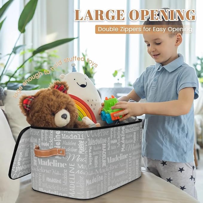 Custom Storage Basket with Name, Personalized Keepsake Box with Zipper Lid, Foldable Fabric Memory Bin Large capacity with Handle Grey