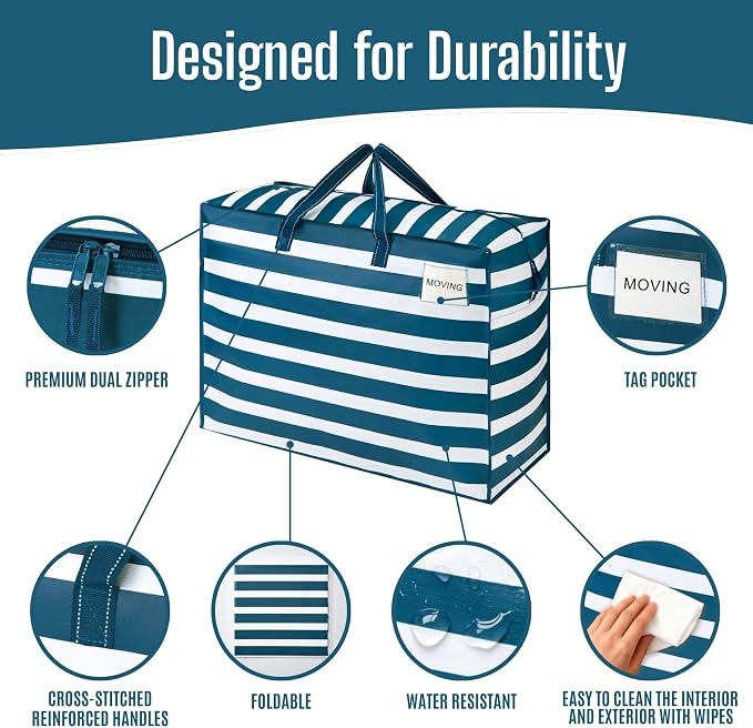 VENO 4 Pack Heavy Duty Moving Bags, Storage Bags, Packing Supplies, Top Zipper, Storage Totes for Camping, Clothes, Bedding, Comforters, Pillows (27 Gallon, Classic Navy Stripe, 4 Pack)