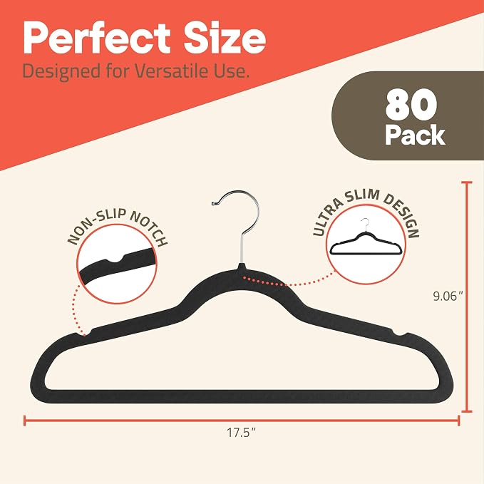 Black Velvet Hangers 80 Pack – 360° Swivel Hook, Non-Slip and Space Saving Hangers, Heavy-Duty 11 lbs Weight Capacity - Smooth Velvet Finish for Crease-Free Clothes and Effortless Closet Organization