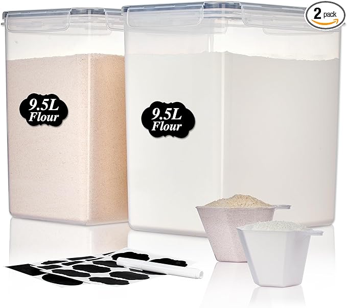 Vtopmart 9.5L 2 Pack Extra Large Flour Sugar Storage Containers, Each for 12.5 lbs flour, Airtight Kitchen Pantry Organization Canisters with Lids for Bulk food, Rice, Baking Supplies, BPA Free, Black