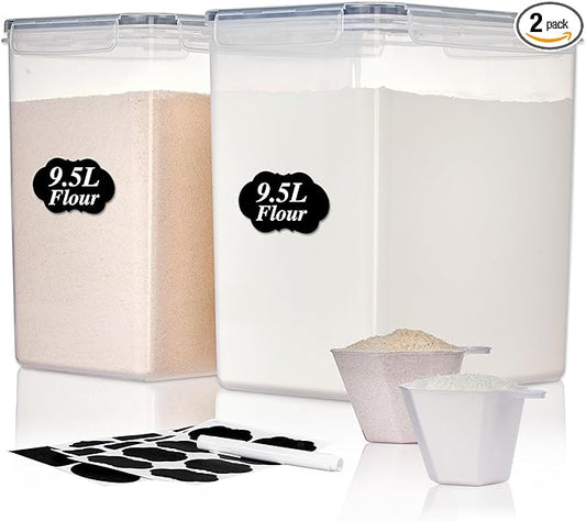 Vtopmart 9.5L 2 Pack Extra Large Flour Sugar Storage Containers, Each for 12.5 lbs flour, Airtight Kitchen Pantry Organization Canisters with Lids for Bulk food, Rice, Baking Supplies, BPA Free, Black