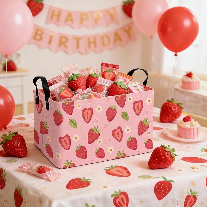 Rectangular Collapsible Storage Basket Toy Organizer Flower Strawberry | Storage Bin Foldable Canvas with Handles for Organizing Home Kitchen Children Toys Office Closet Shelf Baskets