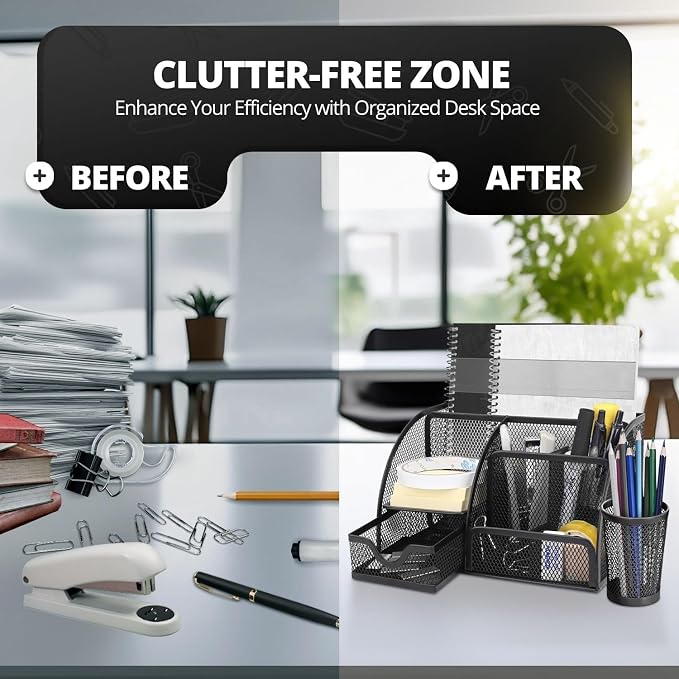 Flexzion Desk Caddy Organizer Set (Black) - Metal Mesh Desktop Caddy with Drawers, 6 Compartments, and Pencil Holder for Women & Men - Desktop Organizer and Storage for Work or Office Supplies | Compact desktop caddy with separate pen holder; 8.7 x 5.5...