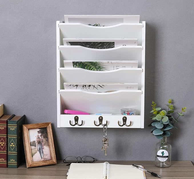 PAG 5-Tier Wall File Holder Hanging Mail Organizer Wood Magazine Literature Rack with 6 Hooks, White