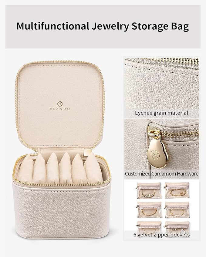 VLANDO Travel Jewelry Organizer Case with 6 Clear Velvet Zipper Pouches, Faux Leather Jewelry Storage Box for Rings, Earrings, Necklaces and Bracelets, Gift for Women