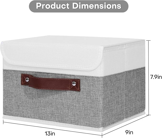 ANMINY Storage Boxes with Lids Washable Decorative Storage Bins Basket with PU Leather Handle Foldable Linen Fabric Storage Cubes Containers for Home Closet Organizer - Gray White, Medium