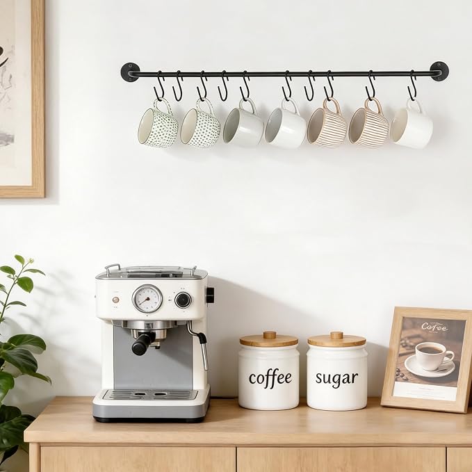 Mkono Mug Holder Wall Mounted Coffee Cup Rack Hanger Modern Metal Wall Rack with 10 Mug Hooks Rustic Utensil Tea Cups Storage Organizer for Kitchen Dining Room Coffee Bar, Set of 2 (1, Large)