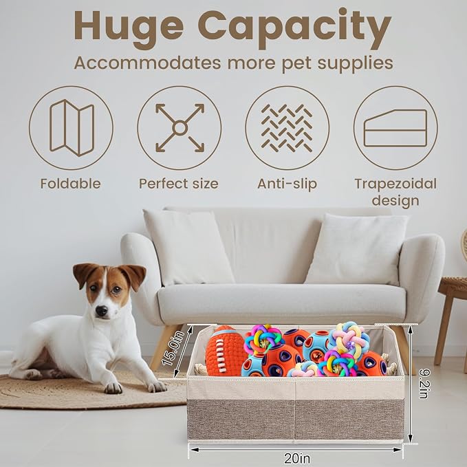 Large Dog Toy Basket with Handle, Foldable Dog Toy Box for Living Room Area , 20" Basket for Dog's Supplies, Organizer and Storage with Hard Board, Anti-Slip for Pet Toys (Brown, Medium 20"×15")