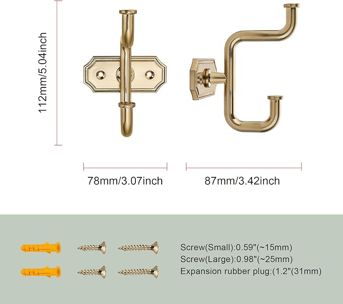 SAILING 2 Pack Coat Hooks Champagne Gold Towel Hooks Robe Hooks Decorative Wall Hooks for Bathroom Bedroom Kitchen Towel Robe Clothes Cabinet Closet Bathroom Hardware