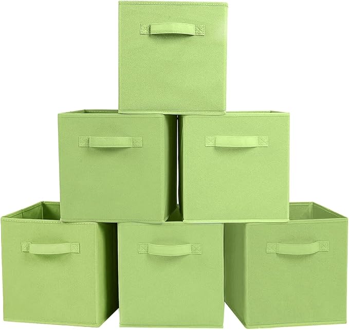 PowerKing Collapsible Storage Cubes with Handles, Fabric Foldable Bins for Closet Shelves, Durable Organization Storage Bins, 10.5'' x 11'' x 10.5'', 6 Pack, Green