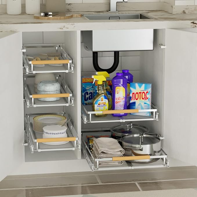 SANNO Pull Out Cabinet Organizer, Expandable Slide Out Organizer shelf for Kitchen Cabinets Organizer, Sliding Pantry Shelves - Roll Out Shelf Storage for Pots, Pans