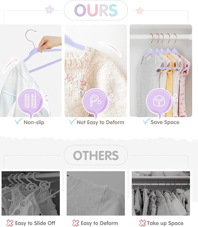 VIS'V Velvet Baby Hangers with 6 Pcs Size Dividers, 11 Inch, Purple, 50 Pcs | Compact Size, Non Slip, Infant Toddler Nursery Closet Organization