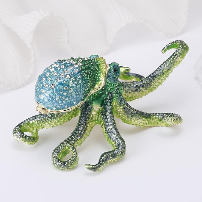 Hand Painted Animal Trinket Box for Home Decor, Hinged Jewelry Organizer Storage, Unique Personalized Collectible Keepsake Figurine Handmade Decorative Ornament Gifts (Octopus)