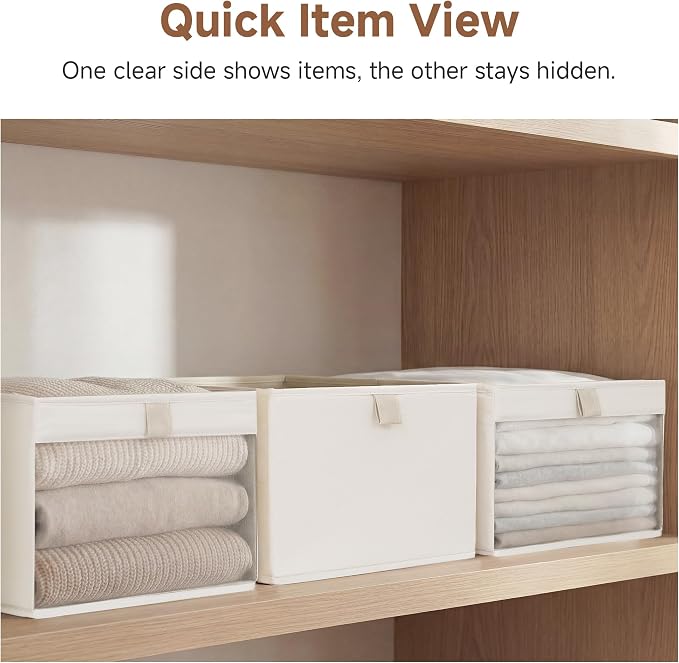 StorageWorks Storage Bins with Clear Window, Large Fabric Closet Organizer for Clothes, Collapsible Storage Baskets with PU Handles, Beige, 3-Pack