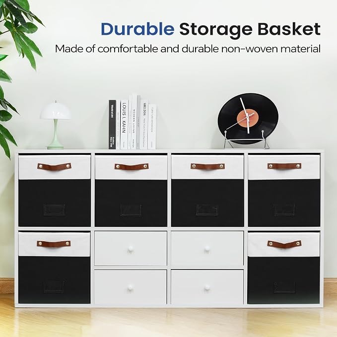 FinishingBo 6-Pack Storage Cubes with Handles & Label Holders Basket, Closet Cube Home Organizer Bins(White/Black, 13 x 13 x 13 inch)