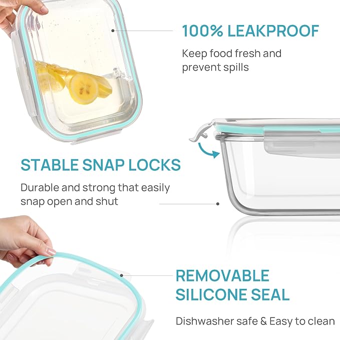 Vtopmart 2Pack 2260ml/76.4oz Extra Large Glass Storage Containers, Green | Meal Prep Food Container Set with Snap Airtight Lids, Microwave, Oven, Freezer, Dishwasher Safe, Baking, BPA Free