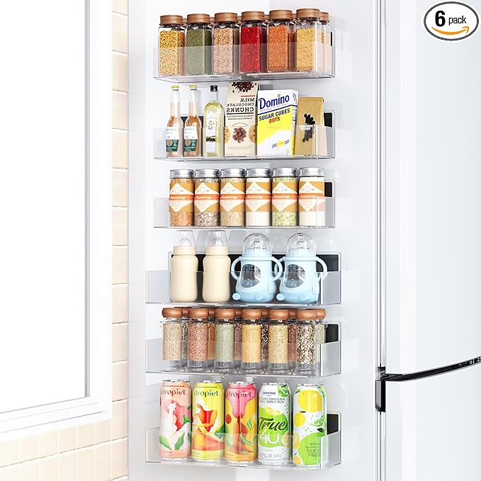 Mystozer Magnetic Spice Rack for Refrigerator, Kitchen Organizer and Storage Shelf, Clear (6 Pack)…