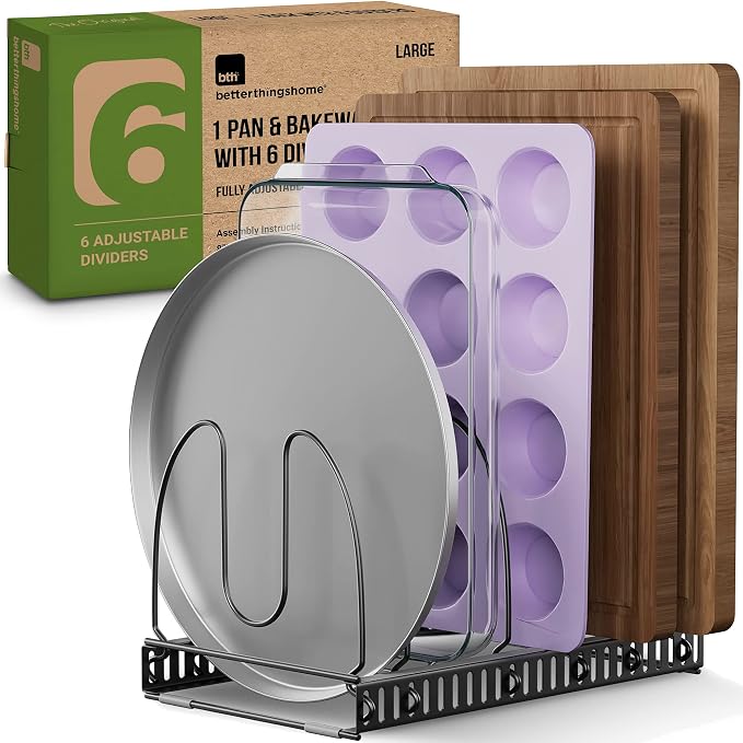 Better Things Home 7.5” Wide 6-Slot Adjustable Large Pan and Pot Lid Organizer with Scratch-Free Pads, Single Large Rack with 6 Adjustable Dividers, Cutting Boards, Baking Sheet, Inside Cabinet