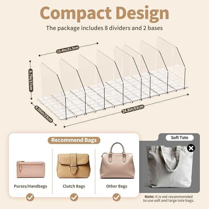 Purse Organizer for Closet, Shelf Divider Adjustable Clear Acrylic Handbag Storage, Bag Storage Separators, Keep Handbag & Books Neat and Upright in Bedroom, Office