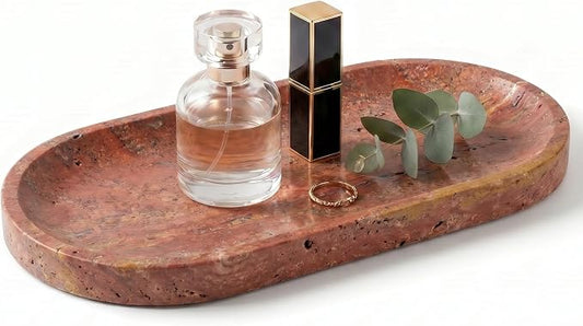 YKAJO Red Travertine Oval Marble Tray, 9.8x4.7 Vanity Perfume Organizer | Honed natural stone; jewelry & trinket dish, ring & key holder, soap & candle catchall; bath counter, dresser, coffee table
