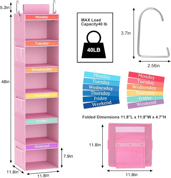 Fixwal Weekly Kids Clothes Organizer 6-Shelf Hanging Closet Storage Pink
