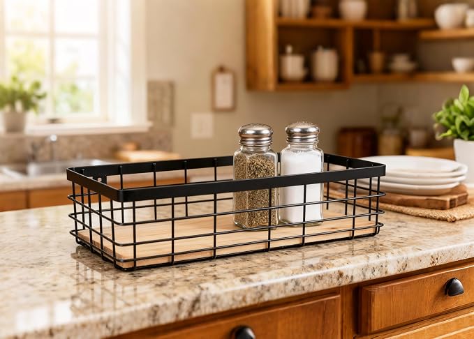 ShabbyDecor Farmhouse Metal Wire Basket with Detachable Wood Base,Small | Bathroom Counter Storage Organizer for Makeup, Perfume & Skincare
