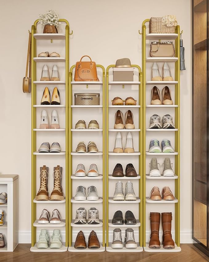 Hzuaneri 10 Tiers Vertical Shoe Rack, Narrow Shoe Tower, Tall Shoes Shelf with 2 Hooks, Adjustable Shelves, Corner Shoes Shelves for Small Spaces, Entryway, Living Room, White Gold SR11213A