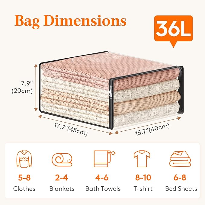 Lifewit 36L Clear Sheet Storage Bags with Zipper 3 Pack, Plastic Sweater Storage Bins for Clothing, Vinyl Foldable Clothes Containers Organizers for Closet, Blankets, Bedding 17.7 x 15.7 x 7.9 Inch