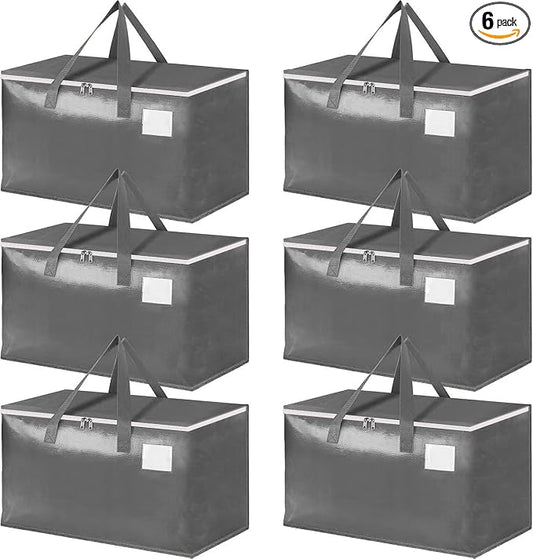Three-layer Reinforced Moving Bags, 6 Pack Extra Large 93L 60lb Heavy Duty Moving Totes with Strong Zippers & Handles, Easy Open Lids, Water-Resistant, Storage Totes, Fold Flat