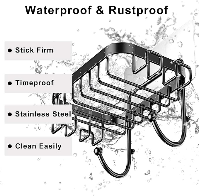 ODesign Soap Dish Holder SUS304 Stainless Steel with 6 Hooks Loofah Bath Sponge Towel Razor Holder for Bathroom Shower Kitchen Adhesive Wall Mounted No Drilling-Black-1 Pack