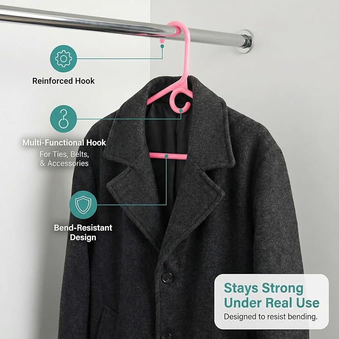 DEILSY™ Pink Heavy Duty Hangers with Hooks for Scarves & Belts – Thick and Strong Clothes Hangers for Shirts, Jackets, Pants, and Dresses – Space-Saving Plastic Hangers – Pack of 30