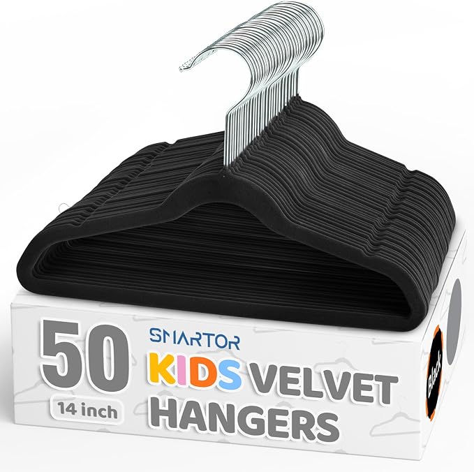 Smartor Premium 14 Inch Kids Hangers 50 Pack, Baby Velvet Hanger Non Slip | Black Space Saving Felt Hangers Clothes Organizers for Closet with 360° Swivel Hook for Children, Toddler & Teens
