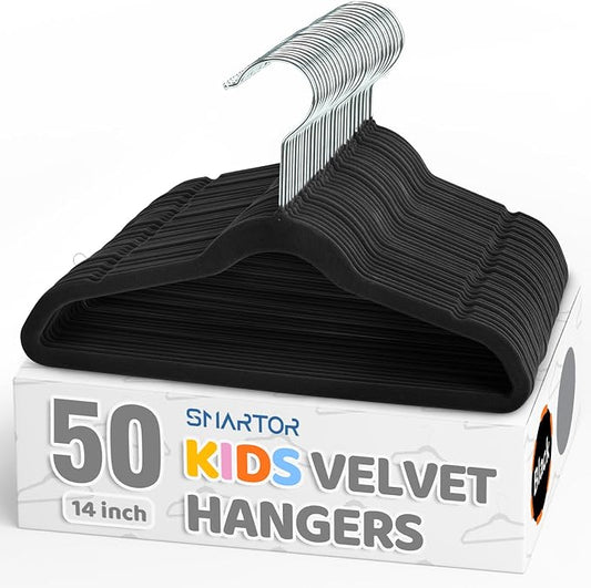 Smartor Premium 14 Inch Kids Hangers 50 Pack, Baby Velvet Hanger Non Slip | Black Space Saving Felt Hangers Clothes Organizers for Closet with 360° Swivel Hook for Children, Toddler & Teens
