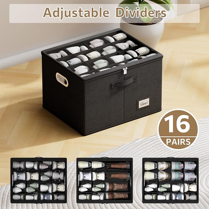 Shoe Organizer for Closet, Large Shoe Box Storage Containers with Clear Window, Space Saving Shoe Bin with Foldable Bottom Support Adjustable Dividers - Fits 16 Pairs (Black, (19.7*15.7*13)x1)